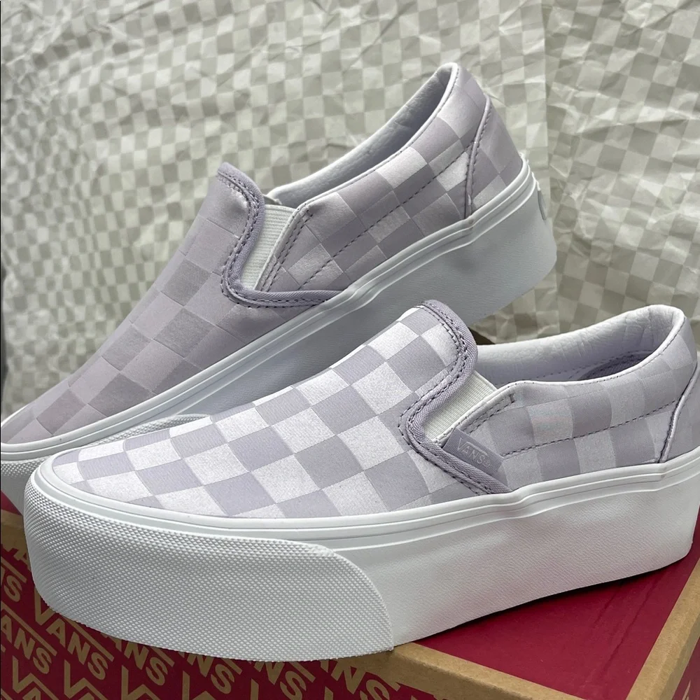 Vans Platform Sneakers Classic Slip-On Stackform Satin Checkerboard Lilac